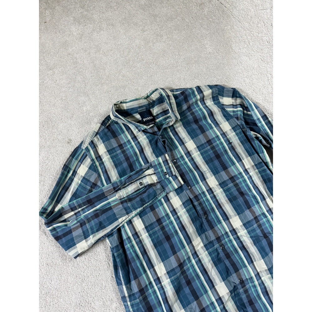 Prana Pearl Snap Mens X-Large Blue Plaid L/S outdoors Gorpcore hiking camping